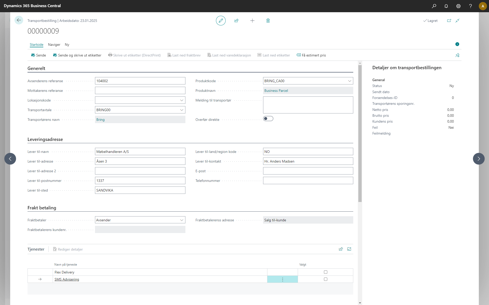 Skjermbilde som viser en transportbestilling i Cargonizer Connector